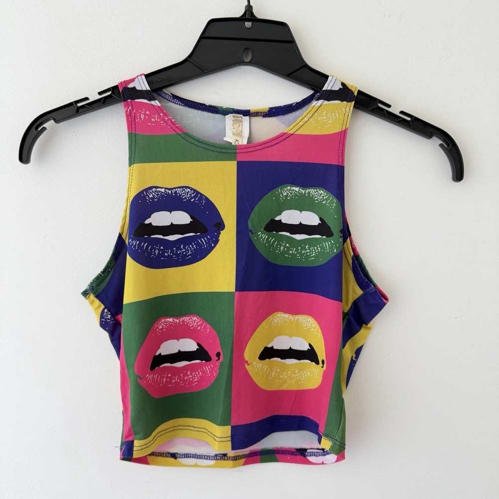 Authentic Y2K USA Made Lip Print Crop Top Womens XS Pop Art Rave Tank
